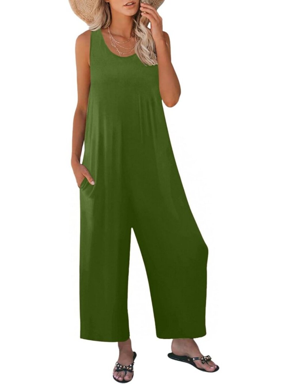 Women's Green Casual Loose Tank Sleeveless Crewneck Long Pant Romper